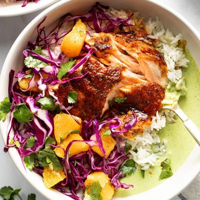A picture of Chipotle Salmon with Orange Salsa and Aji Verde