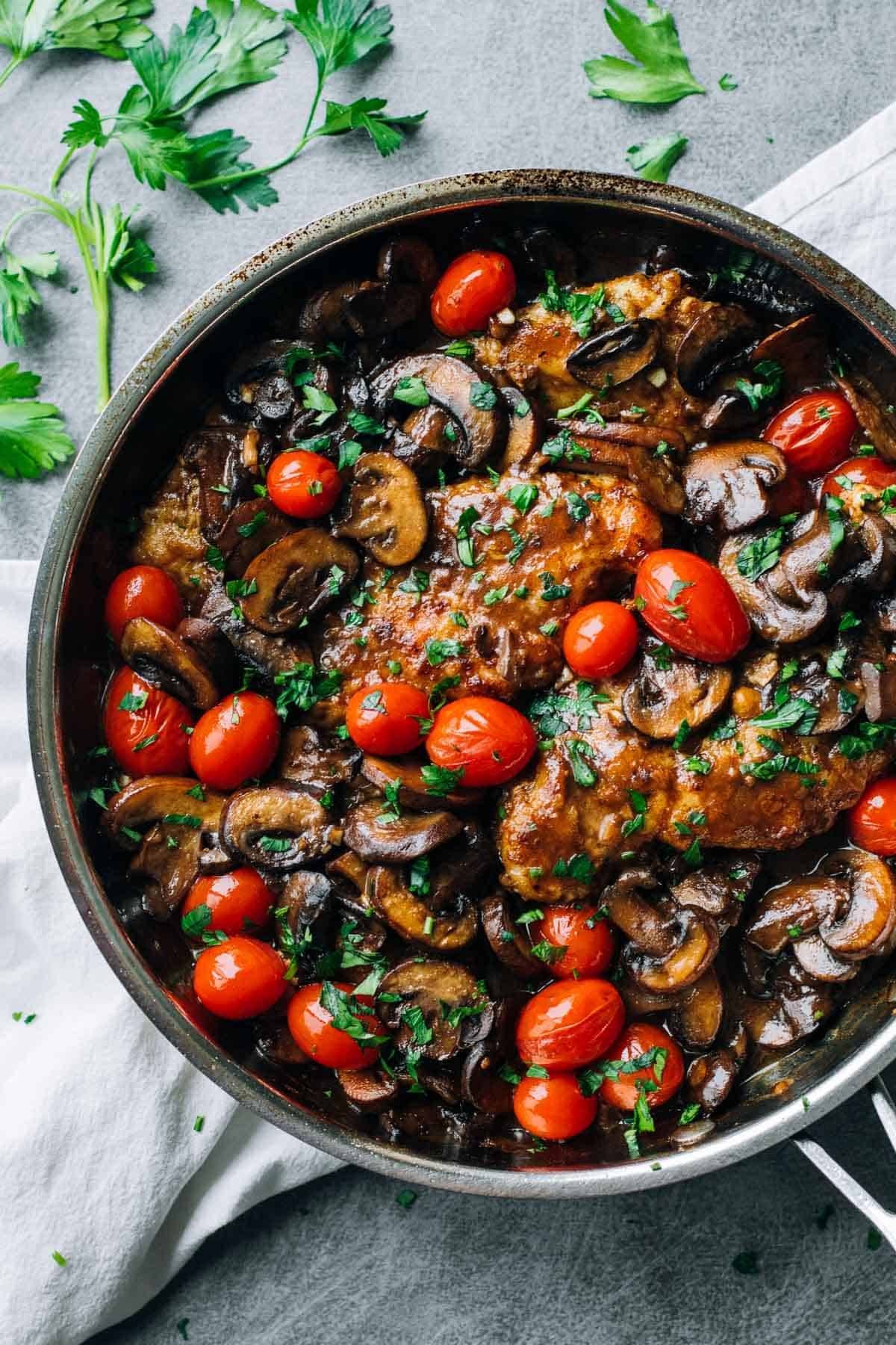 Chicken Marsala in a skillet.