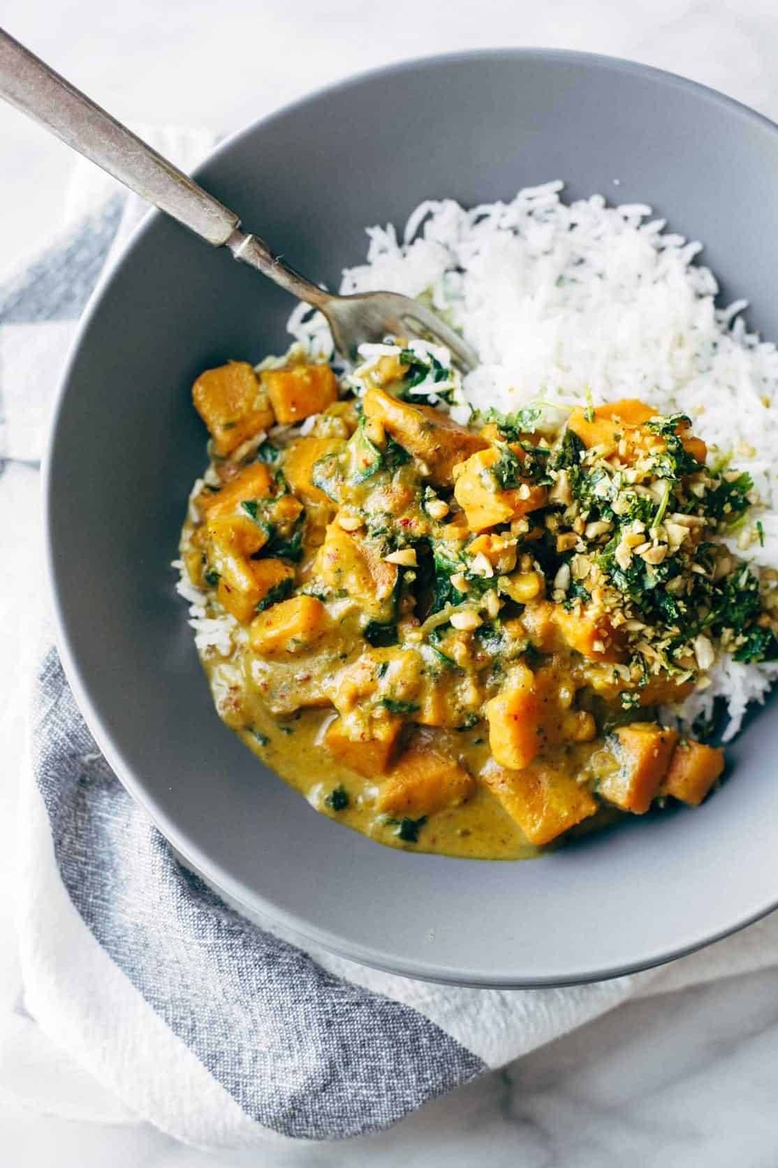 Sweet potato curry with rice in a bowl.